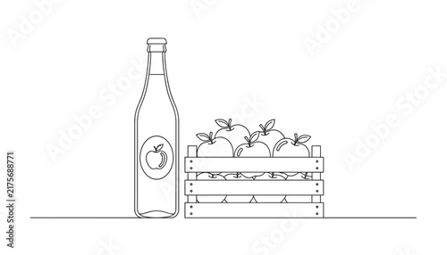 Continuous line art drawing of a glass apple juice bottle next to a wooden crate filled with fresh apples on white background.