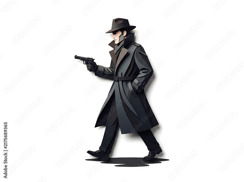 Fototapeta premium Man in hat and trench coat holding gun walking