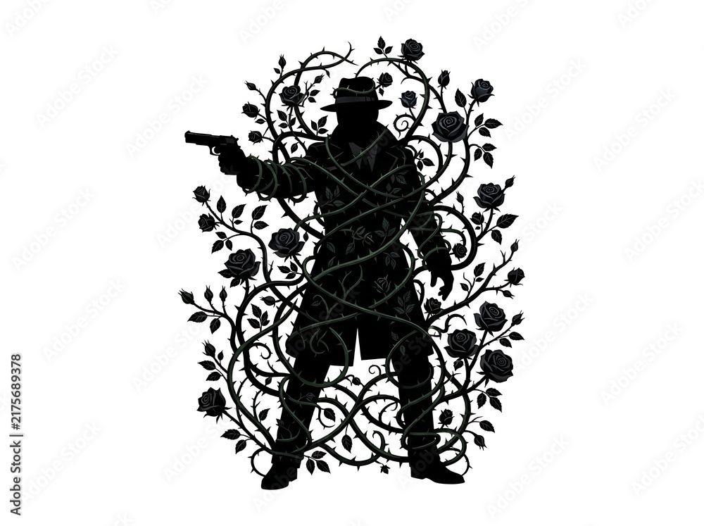 Fototapeta premium Man with gun entangled in rose bush silhouette