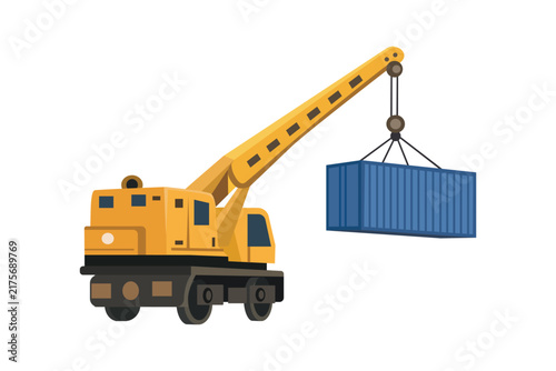 Flat Yellow Construction Crane Lifting Blue Shipping Container Isolated. Yellow Tower Crane Lifting Cargo Container.