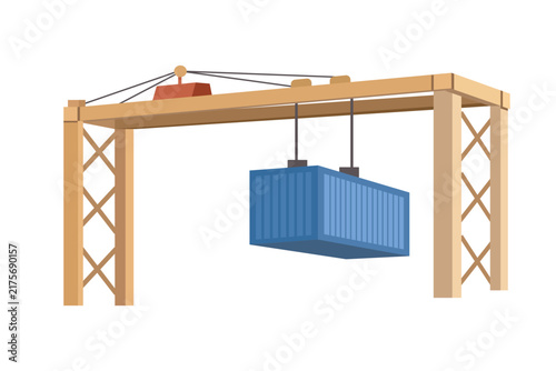 Gantry Crane Lifting Shipping Container 3D Illustration. Port Crane Loading Shipping Container. Container Crane at Shipping Port.
