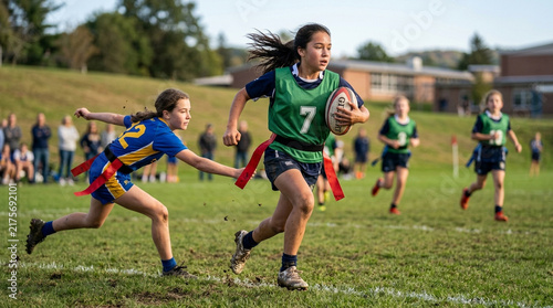 Female tag rugby player evading defender photo