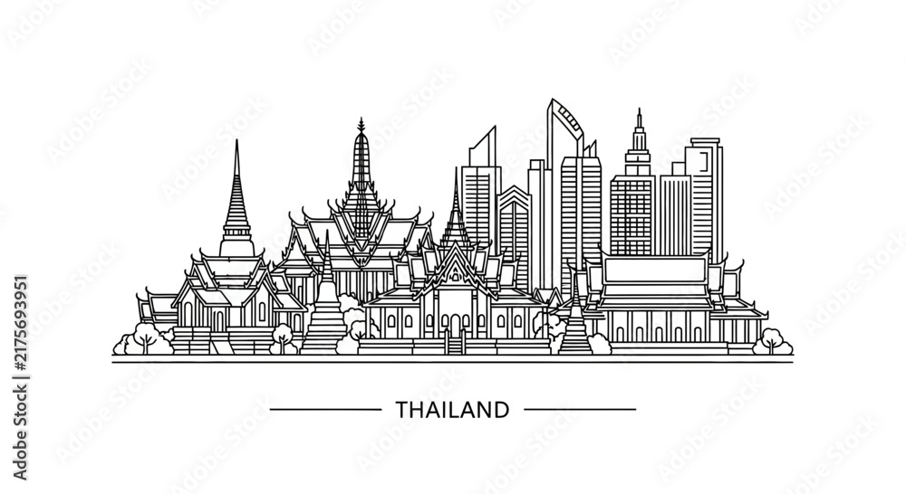 Obraz premium Bangkok Skyline Silhouette: Traditional Thai Architecture Meets Modern Cityscape