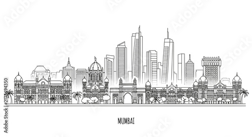 Mumbai Skyline Cityscape Outline Drawing - Famous Indian Landmarks