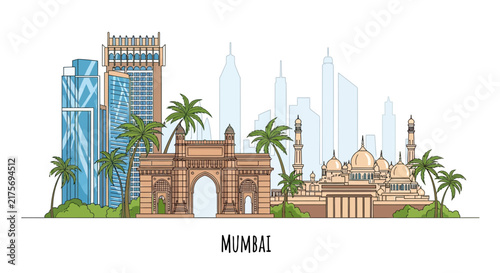 Mumbai Skyline Illustration: Gateway of India, Taj Mahal Palace, modern skyscrapers