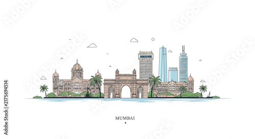 Mumbai Skyline Illustration: Gateway of India, Modern Buildings, Palm Trees