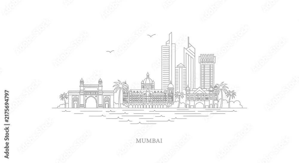 Naklejka premium Mumbai Skyline Outline - India Cityscape Line Art