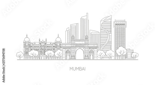Mumbai Skyline Outline - Famous Landmarks and Modern Architecture