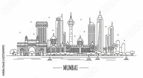Mumbai Skyline Outline Drawing - India Landmark Architecture