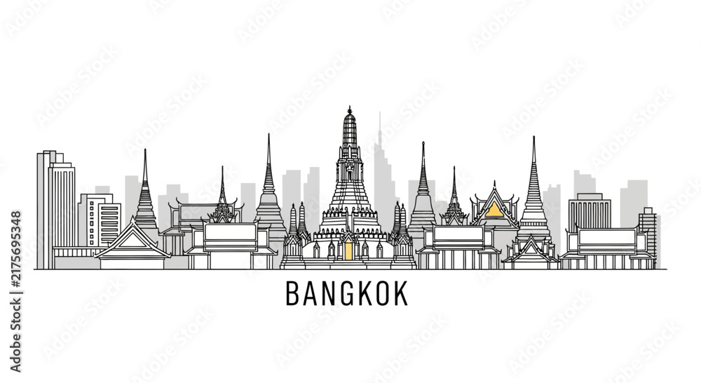 Fototapeta premium Bangkok Skyline Line Art - Famous Thai Temples and Buildings Silhouette