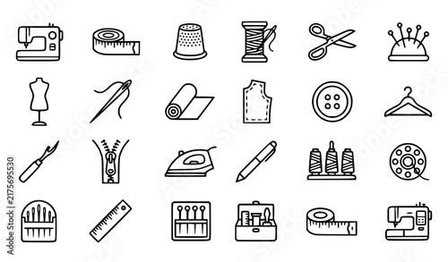 Photography Set of sewing tailoring handicraft dressmaking tools in outline style with handi