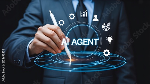 Artificial intelligence agent concept with digital interface, business icons and futuristic technology