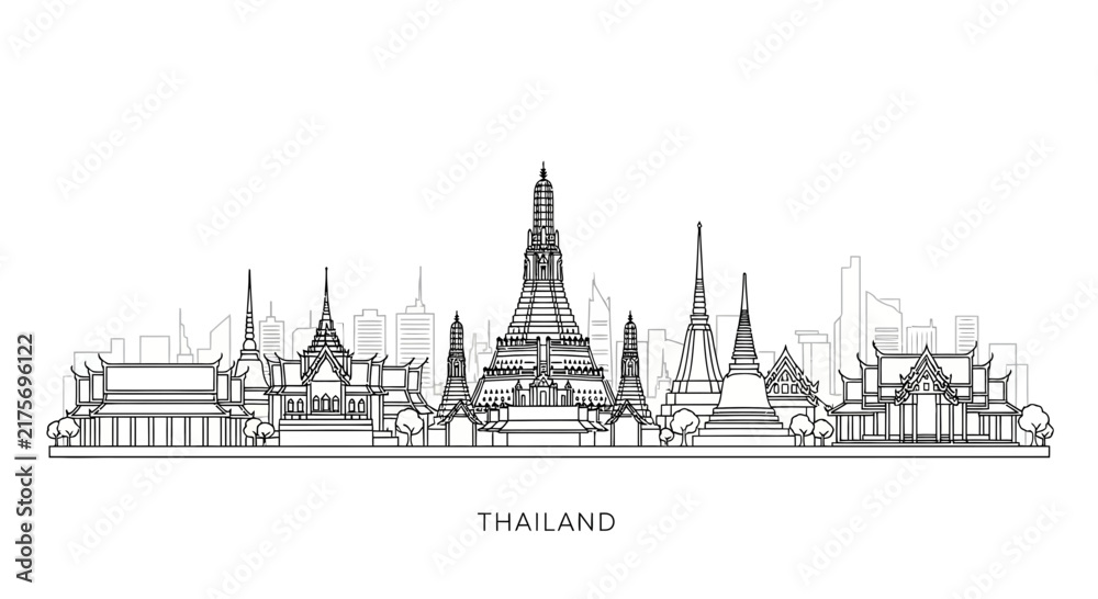 Fototapeta premium Bangkok Skyline Silhouette: Famous Thai Temples and Architecture - Isolated Line Art