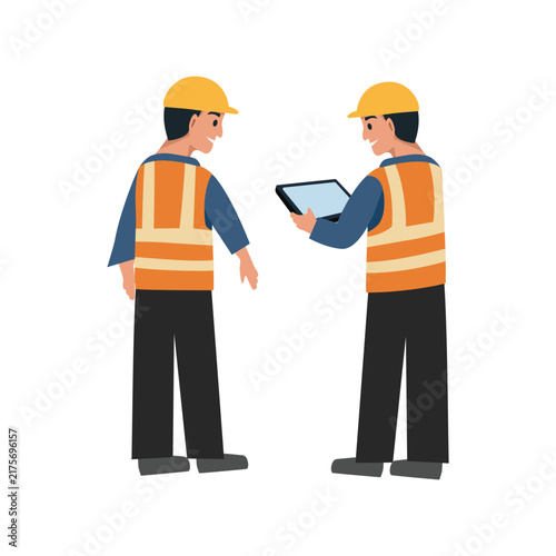 Construction Workers Reviewing Project Data on Tablet Illustration. Construction Workers Planning. Construction Team Discussing Building Project.