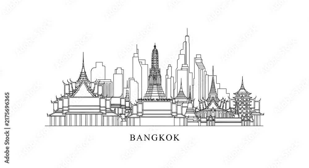Fototapeta premium Bangkok Skyline Silhouette: Traditional Temples and Modern Skyscrapers