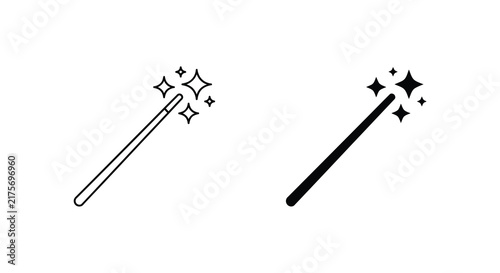 Magic wand icon with sparkling stars black and white line art
