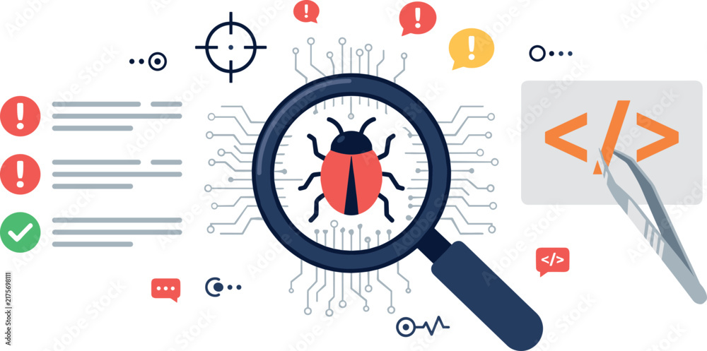 Naklejka premium Software Debugging Code Vector Illustration with Bug Under Magnifying Glass Tweezers Fixing Script Errors and Security Vulnerability Assessment Icons for Tech Apps