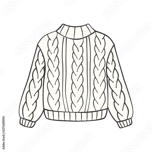 Cozy cable‑knit winter sweater featuring thick braided patterns, ribbed collar, cuffs and hem, drawn in simple warm doodle illustration style, isolated on white background.