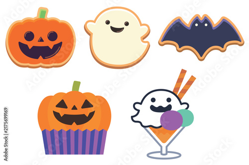 クッキーやカップケーキなどハロウィンスイーツのベクターイラストセット