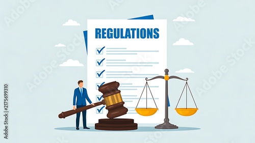 Regulations concept with legal documents, justice scales, gavel and business illustration