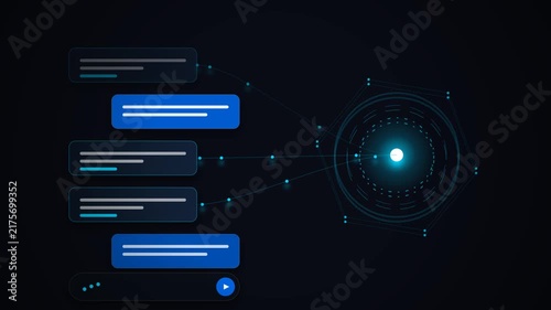 Futuristic HUD interface animation featuring glowing blue chat boxes connected by digital data lines to a central concentric geometric node on a dark background.
