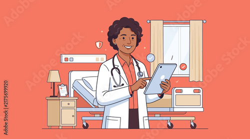 Doctor using tablet in hospital room, medical illustration