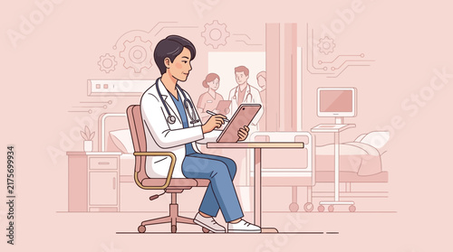 Doctor Using Tablet in Hospital Room