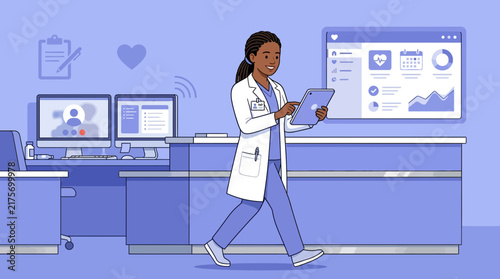 Doctor using tablet in modern clinic, healthcare technology concept