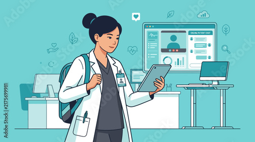 Doctor using tablet in modern clinic, telehealth concept, illustration