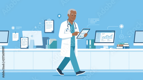 Doctor Using Tablet in Modern Medical Office with Computers