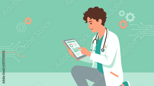 Doctor using tablet with medical data, gears and circuits