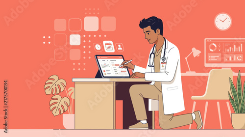 Doctor using tablet with medical data, modern clinic office