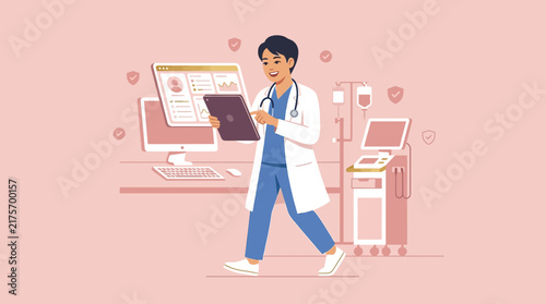 Doctor Using Tablet with Medical Equipment, Isolated
