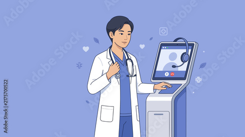 Doctor Using Telemedicine Kiosk for Remote Consultation