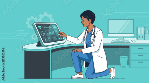 Doctor using futuristic medical technology interface on tablet