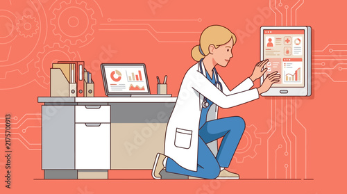Doctor Using Futuristic Medical Interface on Transparent Background