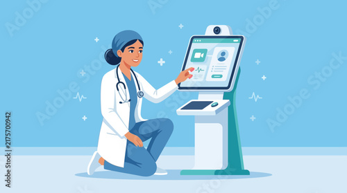 Doctor using futuristic medical kiosk, healthcare technology concept