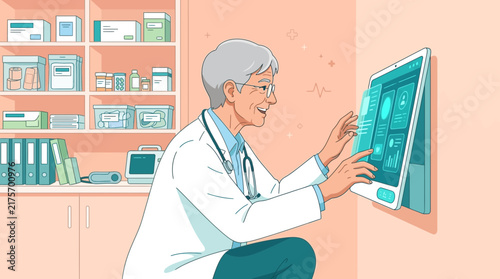 Doctor using futuristic medical tablet in clinic - isolated