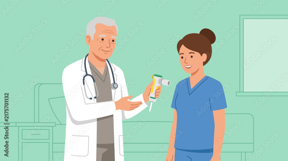 Fototapeta premium Doctor showing medical device to nurse in hospital room.