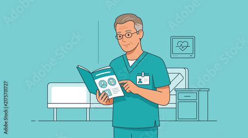 Doctor Reading Medical Brochure in Hospital Room