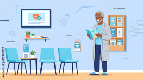 Doctor Reading Medical Brochure in Waiting Room with Patients Chairs