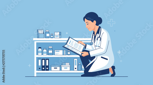 Doctor Reading Medical Document by Pharmacy Shelves, Isolated Transparent Background