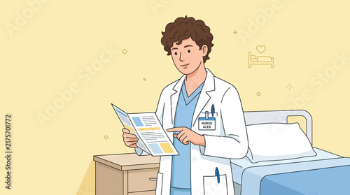 Doctor Reading Medical Information Beside Hospital Bed with Patient Icons