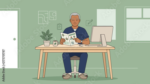 Doctor Reading Medical Magazine at Desk, Isolated