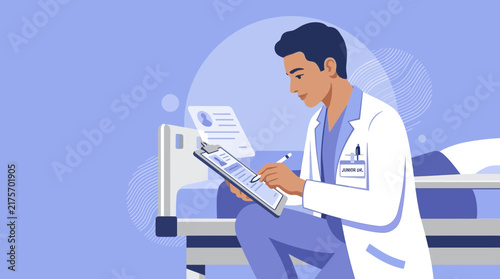 Doctor reviewing medical chart next to hospital bed, illustration