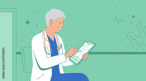 Doctor reviewing medical chart with infographic and heartbeat line on green background