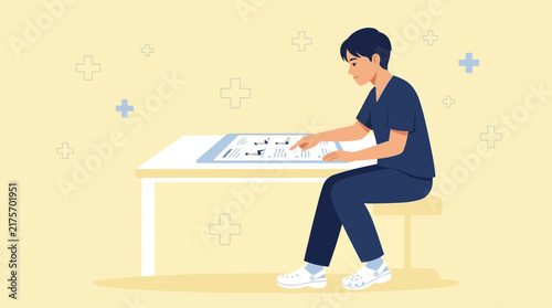 Doctor Reviewing Medical Charts at Desk, Healthcare Concept Illustration