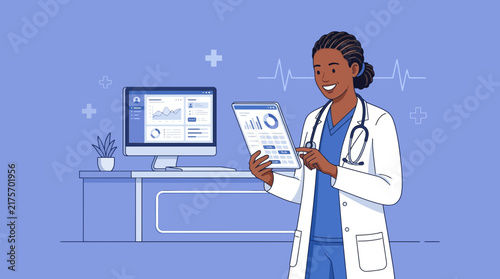 Doctor reviewing medical data on tablet in modern clinic