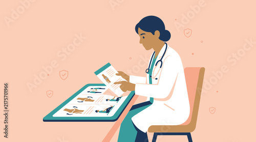Doctor reviewing medical charts, healthcare consultation, isolated on transparent background