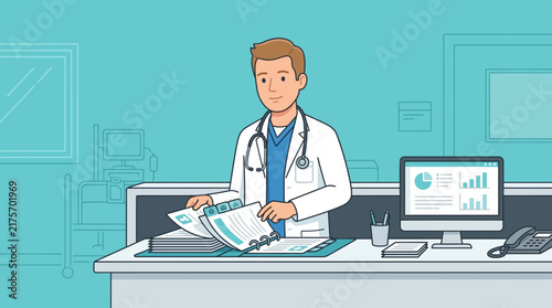 Doctor Reviewing Medical Records at Desk